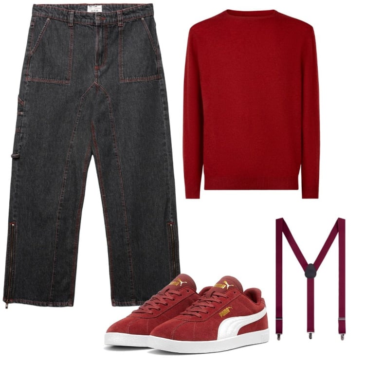 Outfit uomo - Rosario: profondo e rosso. Stile Urban per Tutti i giorni. Abbinamento con sneakers, maglieria, bretelle, jeans dritti.