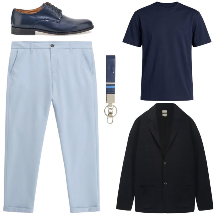 Outfit uomo - Simone: ufficio in blu. Stile Casual per Ufficio. Abbinamento con portachiavi, t-shirt, pantaloni, scarpe stringate, cardigans.