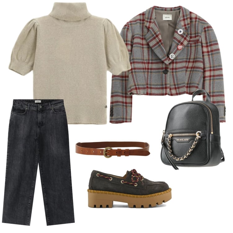 Outfit donna - Preppy. Stile Preppy per Tutti i giorni. Abbinamento con zaini, jeans dritti, maglieria, cinture, blazer, mocassini.