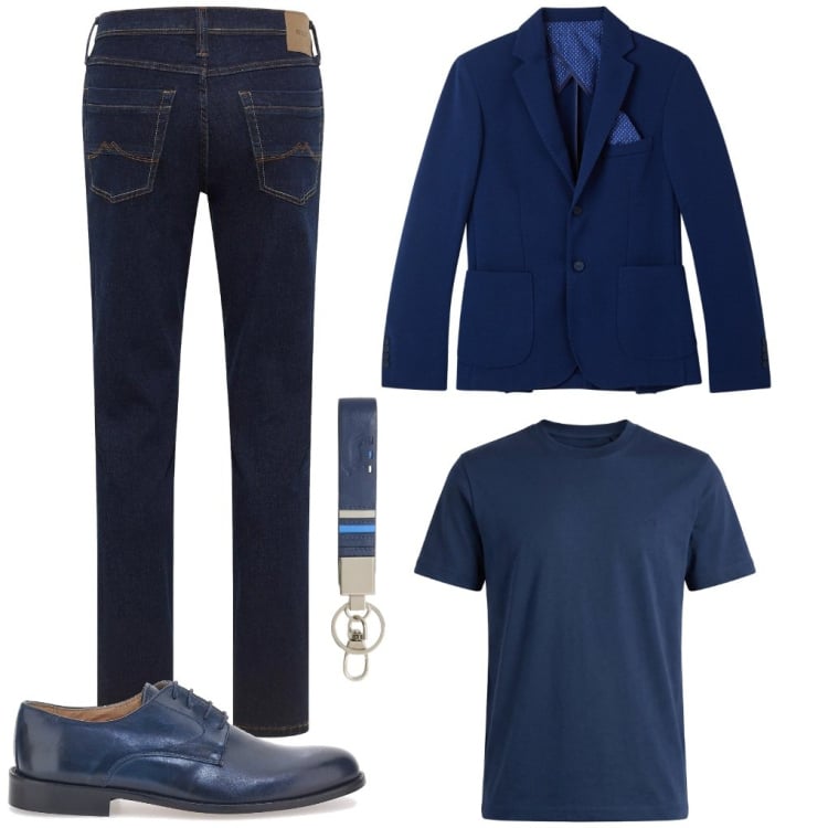 Outfit uomo - Alberto: aperitivo da Peppo?. Stile Trendy per Serata speciale. Abbinamento con jeans dritti, portachiavi, t-shirt, scarpe stringate, giacche.