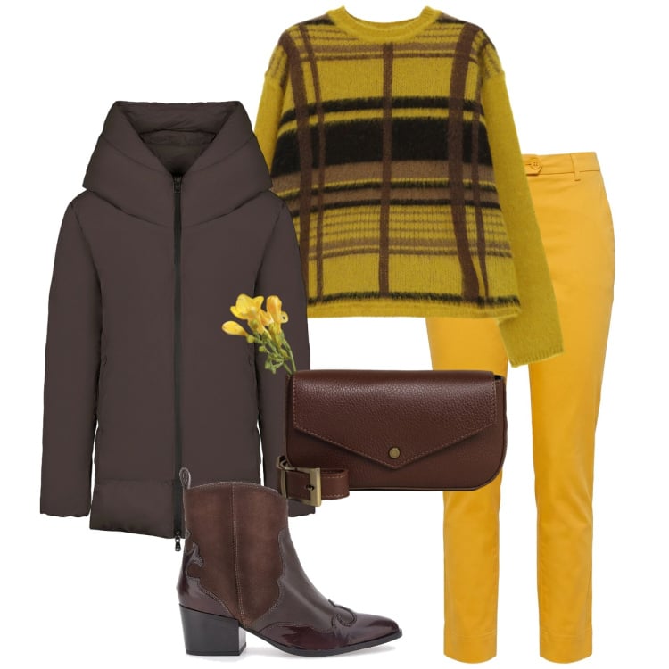 Outfit donna - Total look #2366059. Stile Casual chic per Tutti i giorni. Abbinamento con pantaloni, maglieria, piumini, borse a tracolla, stivaletti texani.