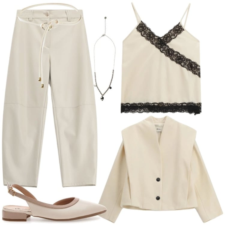 Outfit donna - Filippa: finezza mezza bellezza. Stile Chic per Ufficio. Abbinamento con cinture, ciondoli, pantaloni, blazer, top, ballerine.