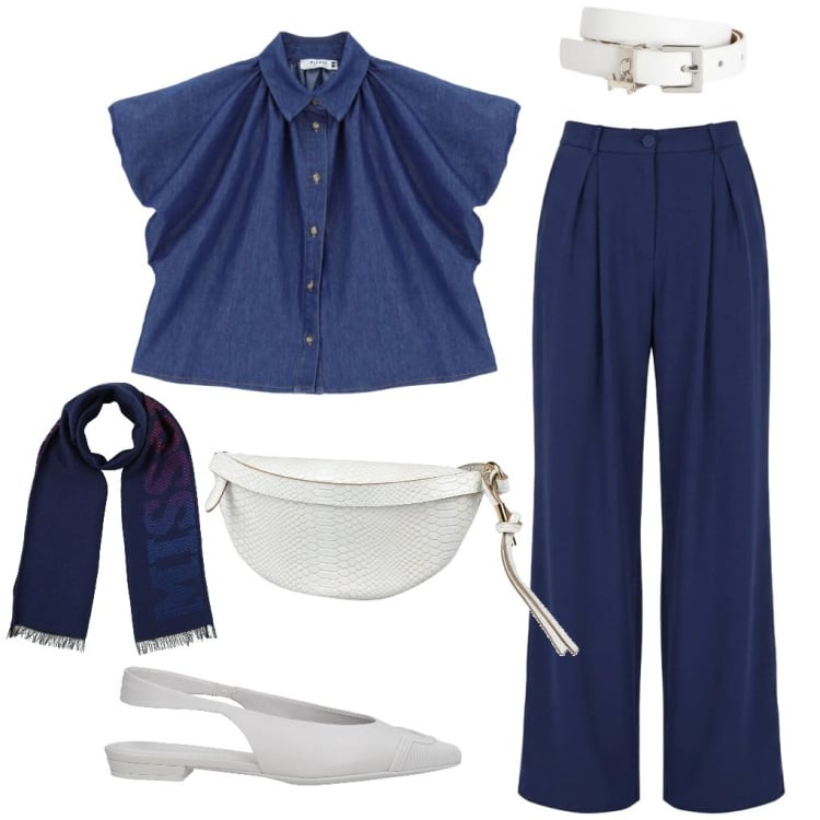 Outfit donna - Lorenza: finto oversize. Stile Casual chic per Ufficio. Abbinamento con ballerine, marsupi, sciarpe, cinture, camicie a manica corta, pantaloni a palazzo.