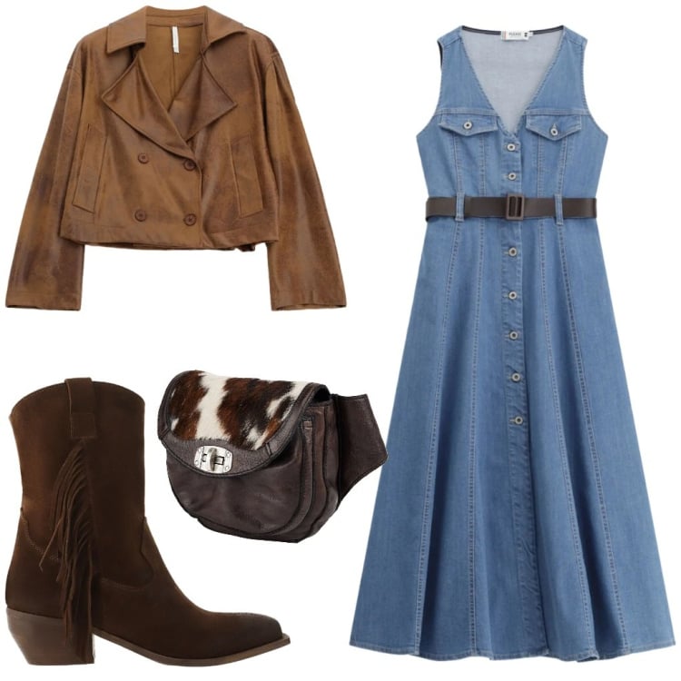Outfit donna - Susanna: soft western. Stile 70s per Tutti i giorni. Abbinamento con marsupi, vestiti midi/longuette, giacche, stivali.