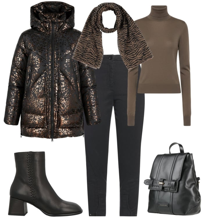 Outfit donna - Giorni freddi Ufficio tempo libero. Stile Urban per Tutti i giorni. Abbinamento con jeans slim fit, zaini, stivaletti, sciarpe, maglieria, parka.