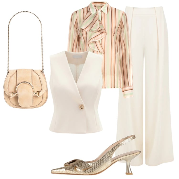 Outfit donna - Cerimonia di marzo. Stile Chic per Cerimonia. Abbinamento con décolleté, marsupi, camicie, gilet, pantaloni a palazzo.