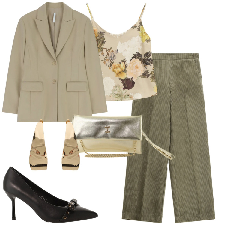 Outfit donna - Marzo. Stile Urban per Tutti i giorni. Abbinamento con borse a tracolla, blazer, top, pantaloni a palazzo, décolleté, orecchini.