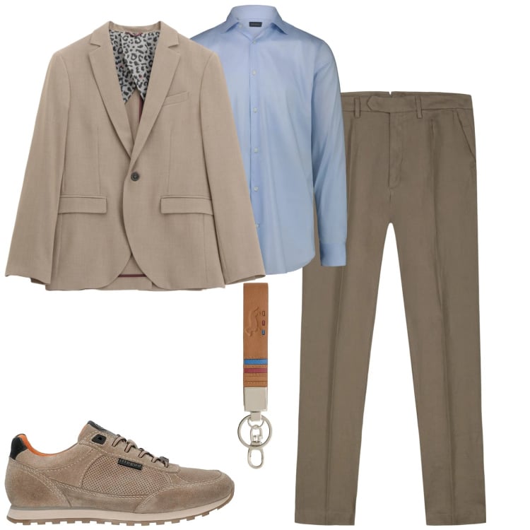 Outfit uomo - Toni sabbia e beige. Stile Urban per Tutti i giorni. Abbinamento con portachiavi, giacche, sneakers, pantaloni, camicie.
