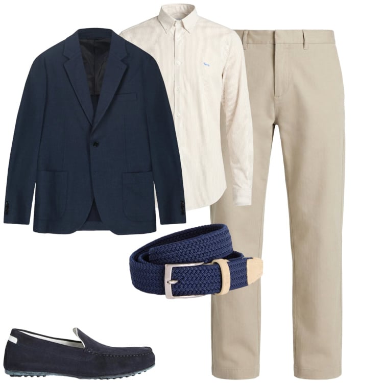 Outfit uomo - Beige e blu. Stile Urban per Tutti i giorni. Abbinamento con scarpe stringate, cinture, camicie, pantaloni cargo, giacche.
