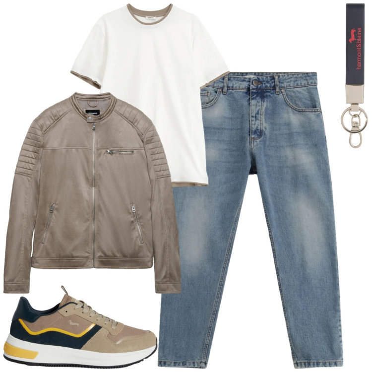 Outfit uomo - Marzo. Stile Casual per Tutti i giorni. Abbinamento con portachiavi, sneakers, t-shirt, jeans, giacche.