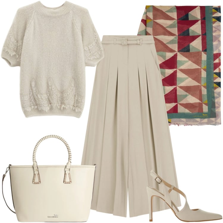 Outfit donna - Maglia leggera protagonista. Stile Minimal per Tutti i giorni. Abbinamento con sciarpe, shopping bag, pantaloni a palazzo, décolleté, maglieria.