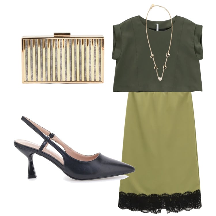 Outfit donna - Green tea. Stile Chic per Serata fuori. Abbinamento con clutch, bluse, gonne longuette, collane, décolleté.