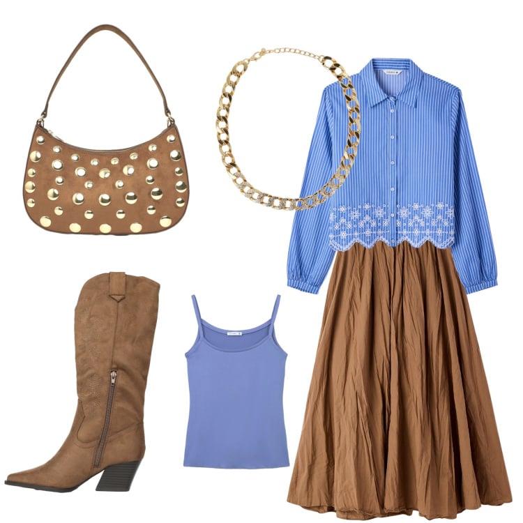 Outfit donna - Urban T. Stile 70s per Tutti i giorni. Abbinamento con camicie, collane, magliette intime, stivali, borse a tracolla, gonne lunghe.