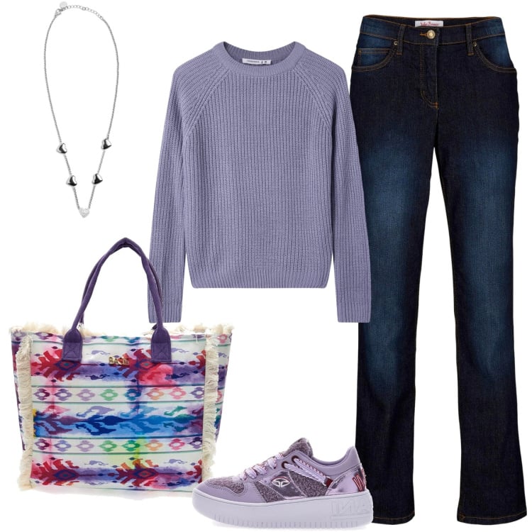 Outfit donna - Maglia leggera protagonista. Stile Casual per Tutti i giorni. Abbinamento con jeans dritti, maglieria, collane, sneakers, shopping bag.