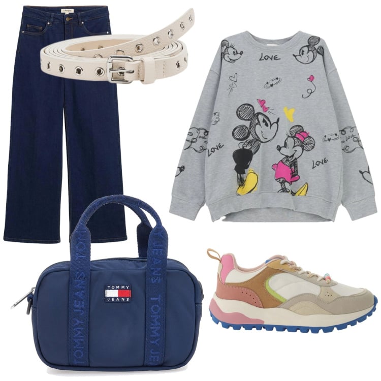 Outfit donna - La felpa Disney. Stile Casual per Tutti i giorni. Abbinamento con jeans dritti, cinture, sneakers, felpe, borse a tracolla.
