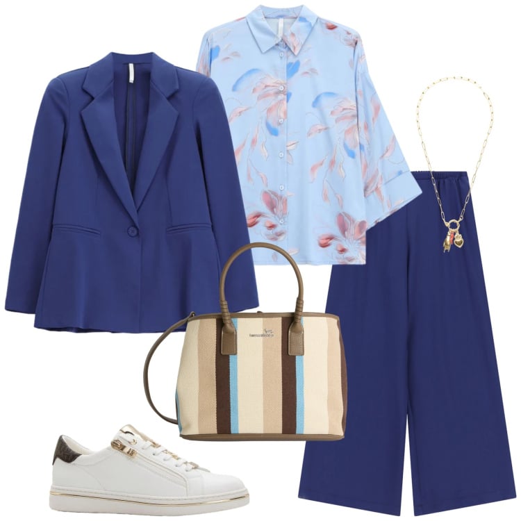 Outfit donna - Total look #2366109. Stile Minimal per Ufficio. Abbinamento con sneakers, shopping bag, blazer, camicie, pantaloni a palazzo, ciondoli.