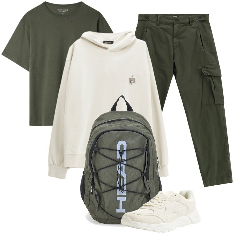 Outfit uomo - Total look #2366110. Stile Urban per Tutti i giorni. Abbinamento con felpe con cappuccio, pantaloni cargo, zaini, t-shirt, sneakers.