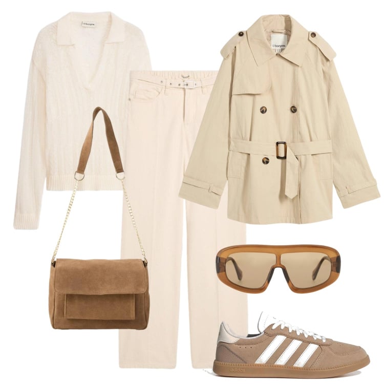 Outfit donna - Soft nuance in città. Stile Casual per Tutti i giorni. Abbinamento con trench, jeans dritti, maglieria, borse a tracolla, occhiali da sole, sneakers.