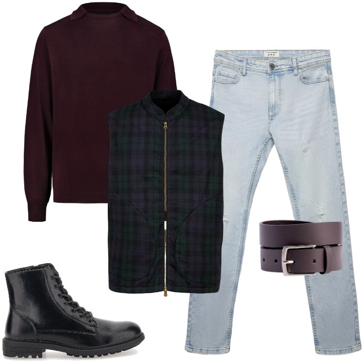 Outfit uomo - Total look #2366117. Stile Urban per Tutti i giorni. Abbinamento con piumini, maglieria, cinture, anfibi, jeans strappati.