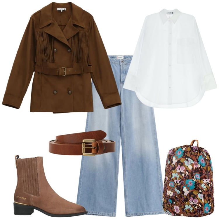 Outfit donna - Casual ufficio tempo libero. Stile Casual per Tutti i giorni. Abbinamento con valigie, stivaletti chelsea, trench, camicie, jeans, cinture.