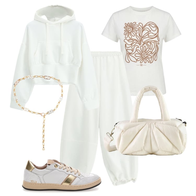 Outfit donna - Cloud dancer & gold. Stile Urban per Tutti i giorni. Abbinamento con cinture, t-shirt, pantaloni, felpe con cappuccio, borse a mano, sneakers.