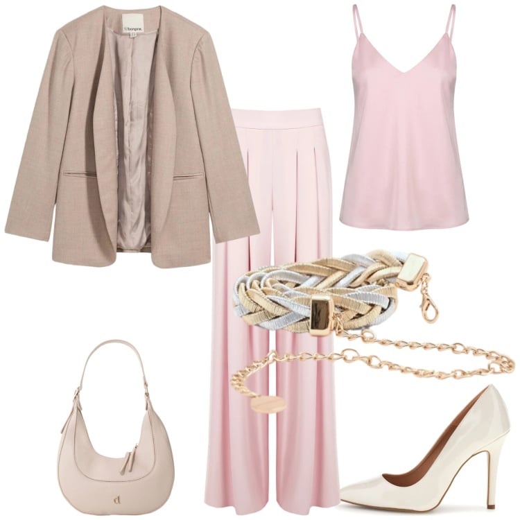 Outfit donna - Total look #2366125. Stile Glamour per Cerimonia. Abbinamento con blazer, pantaloni a palazzo, top, cinture, borse a tracolla, décolleté.