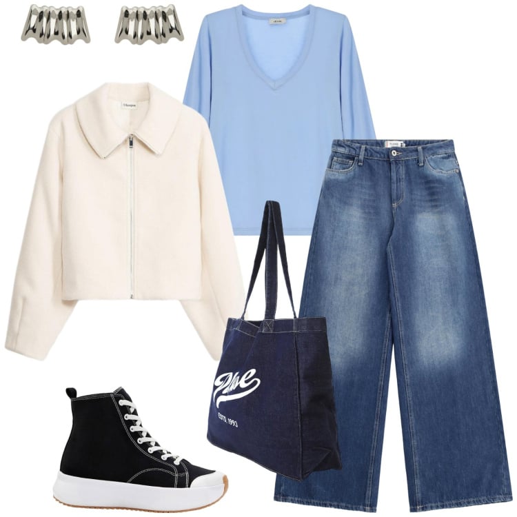 Outfit donna - Total look #2366132. Stile Urban per Tutti i giorni. Abbinamento con blazer, sneakers alte, shopping bag, jeans, t-shirt, orecchini.