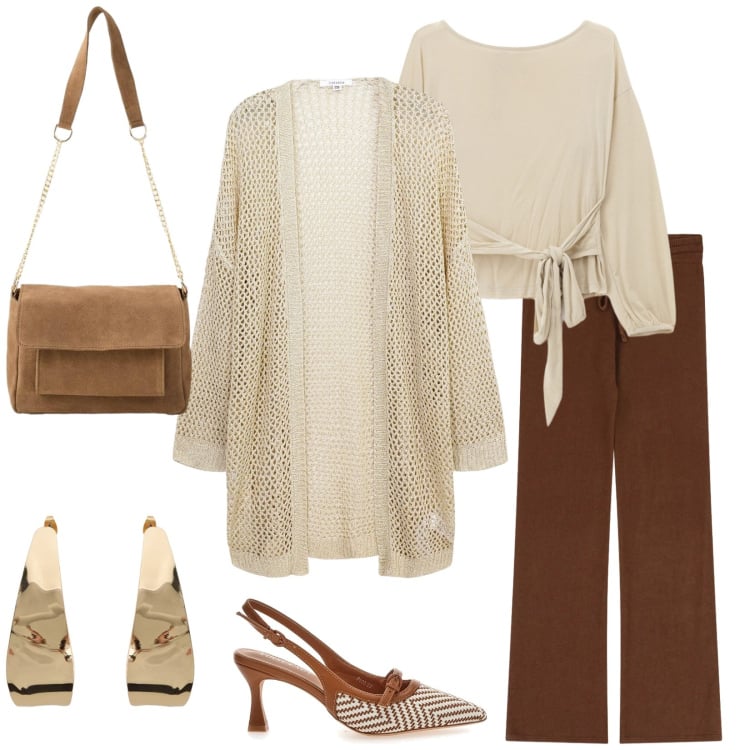 Outfit donna - Total look #2366133. Stile Chic per Serata fuori. Abbinamento con borse a tracolla, kimono, pantaloni a palazzo, top, orecchini, décolleté.