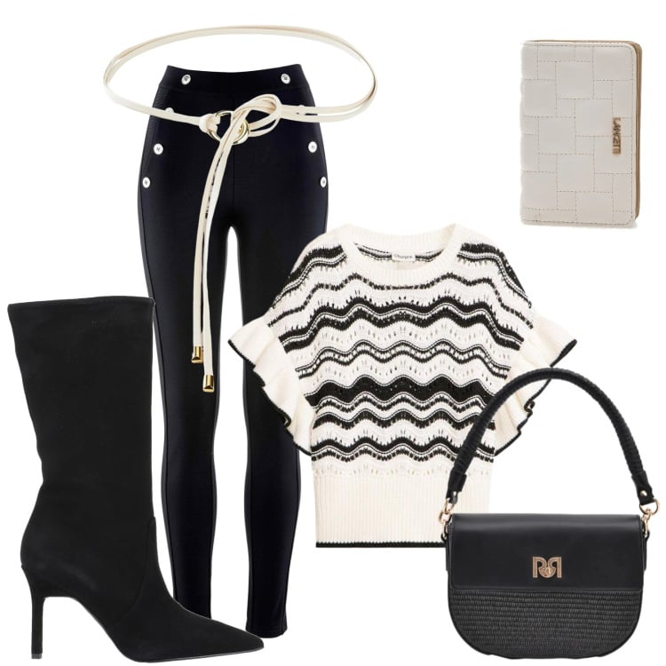 Outfit donna - Cambio genere. Stile Glamour per Serata fuori. Abbinamento con stivali, t-shirt, leggings, cinture, borse a spalla, portafogli.