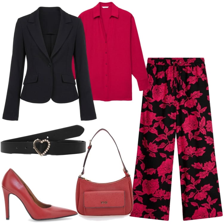 Outfit donna - Rosso che passione. Stile Casual chic per Serata fuori. Abbinamento con pantaloni a palazzo, cinture, camicie, blazer, décolleté, borse a spalla.