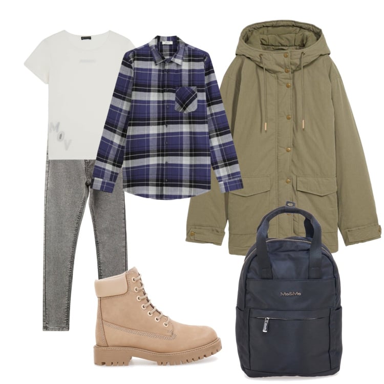 Outfit donna - Gita in montagna. Stile Basic per Tutti i giorni. Abbinamento con parka, jeggings, camicie, t-shirt, zaini, stivaletti.