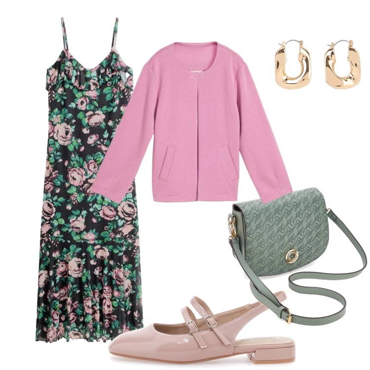 Outfit donna - Romantica. Stile Romantica per Serata fuori. Abbinamento con vestiti, orecchini, blazer, ballerine, borse a tracolla.