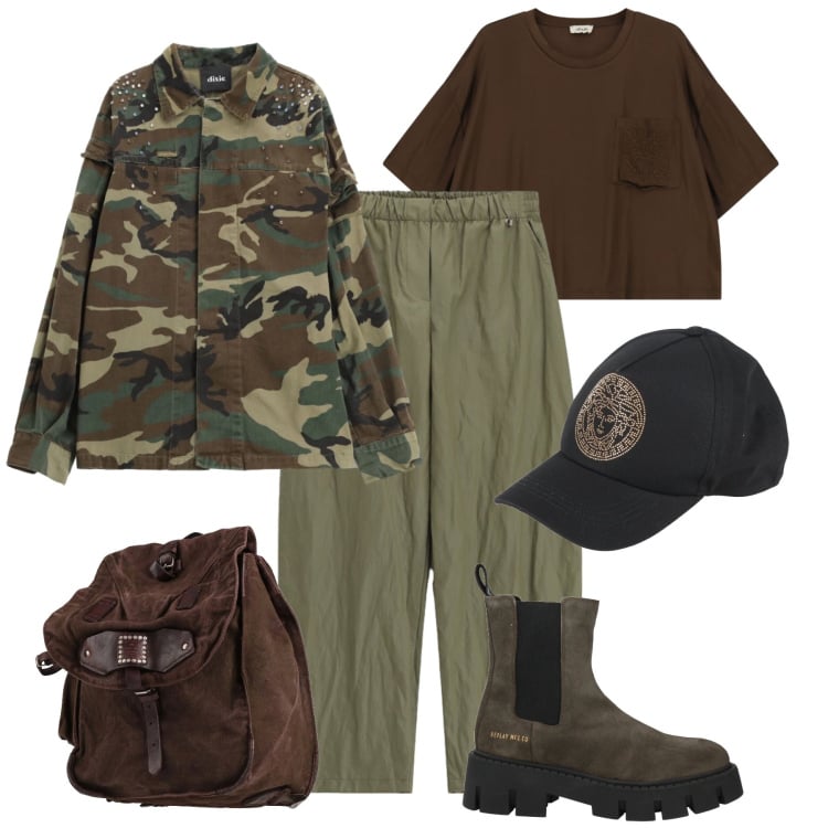 Outfit donna - Giubbotto camouflage. Stile Urban per Tutti i giorni. Abbinamento con zaini, stivaletti chelsea, cappelli con visiera, pantaloni a palazzo, blazer, t-shirt.