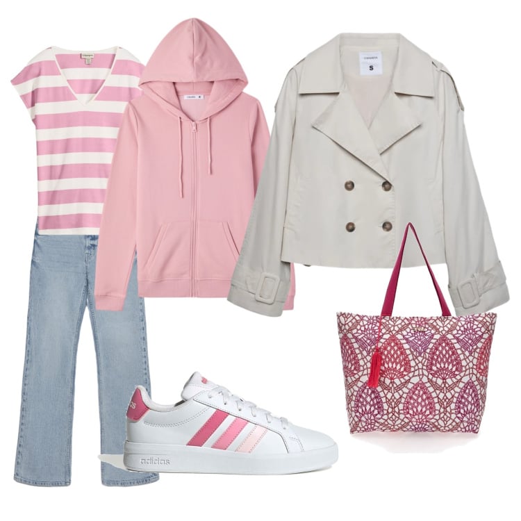 Outfit donna - Fenicotteri. Stile Basic per Tutti i giorni. Abbinamento con maglieria, caban, felpe con cappuccio, jeans bootcut, sneakers, shopping bag.