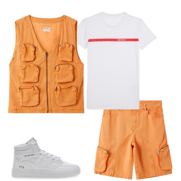 Outfit uomo - Free time in orange and White. Stile Casual per Tutti i giorni. Abbinamento con t-shirt, sneakers, gilet, pantaloni corti.
