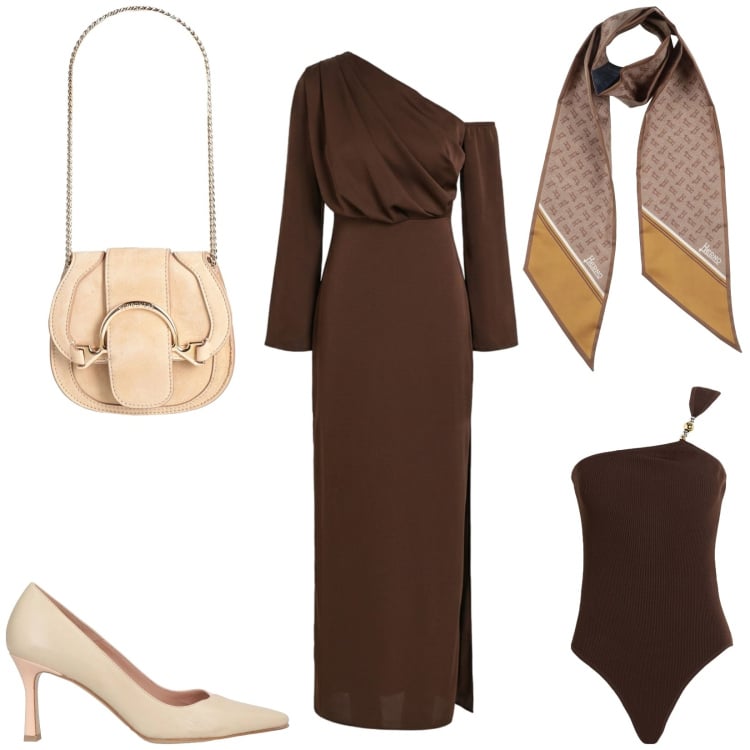Outfit donna - Total look #2366159. Stile Minimal per Cerimonia. Abbinamento con body, marsupi, sciarpe, décolleté, vestiti lunghi.