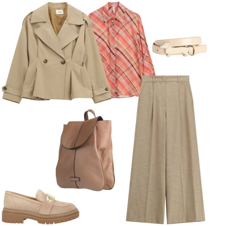 Outfit donna - Classica. Stile Casual per Tutti i giorni. Abbinamento con mocassini, zaini, cinture, camicie, blazer, pantaloni a palazzo.