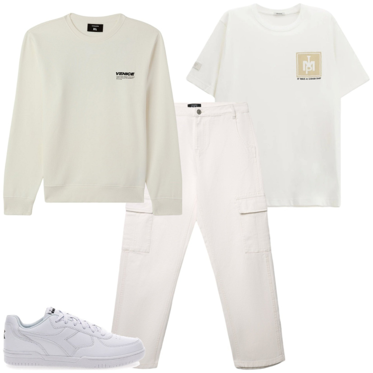 Outfit uomo - Total whitw. Stile Casual per Tutti i giorni. Abbinamento con felpe, pantaloni cargo, t-shirt, sneakers.