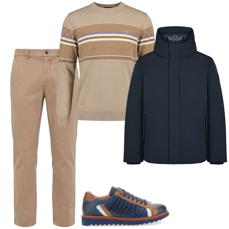 Outfit uomo - Total look #2366170. Stile Casual per Tutti i giorni. Abbinamento con pantaloni chino, maglieria, parka, scarpe stringate.
