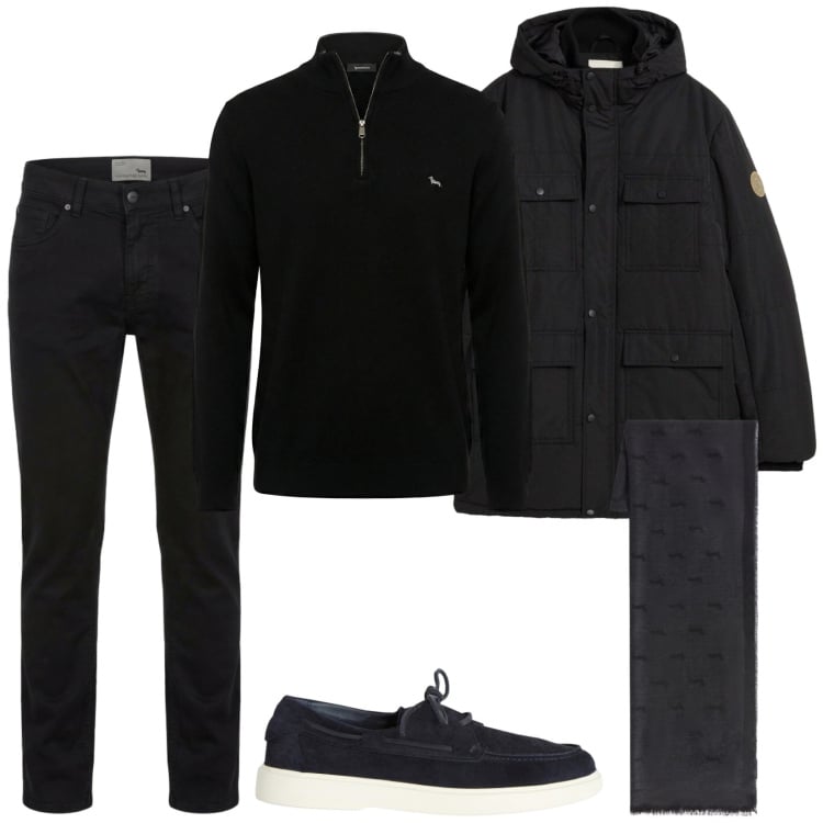 Outfit uomo - Elegantemente total black. Stile Trendy per Serata speciale. Abbinamento con parka, scarpe stringate, pantaloni, pullovers, sciarpe.