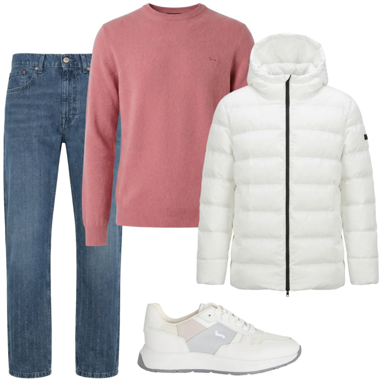Outfit uomo - Il pull rosa. Stile Casual per Tutti i giorni. Abbinamento con sneakers, jeans, pullovers, giacche.