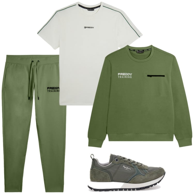 Outfit uomo - Training in green. Stile Casual per Sport. Abbinamento con t-shirt sportive, felpe, pantaloni, sneakers.