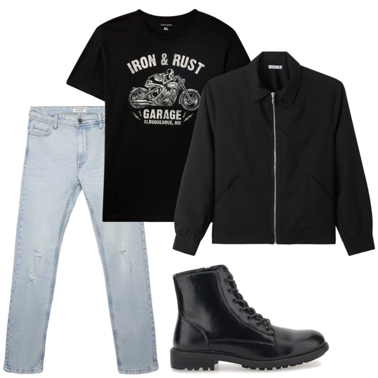 Outfit uomo - Iron & rust. Stile Biker Rock per Tutti i giorni. Abbinamento con t-shirt, anfibi, jeans strappati, bomber.