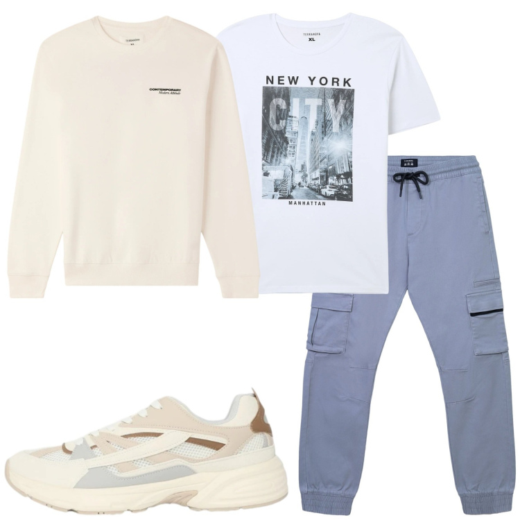 Outfit uomo - Total terranova. Stile Casual per Tutti i giorni. Abbinamento con pantaloni cargo, felpe, sneakers, t-shirt.