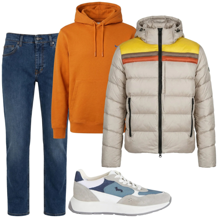 Outfit uomo - Total look #2366182. Stile Casual per Tutti i giorni. Abbinamento con sneakers, jeans, felpe con cappuccio, piumini.