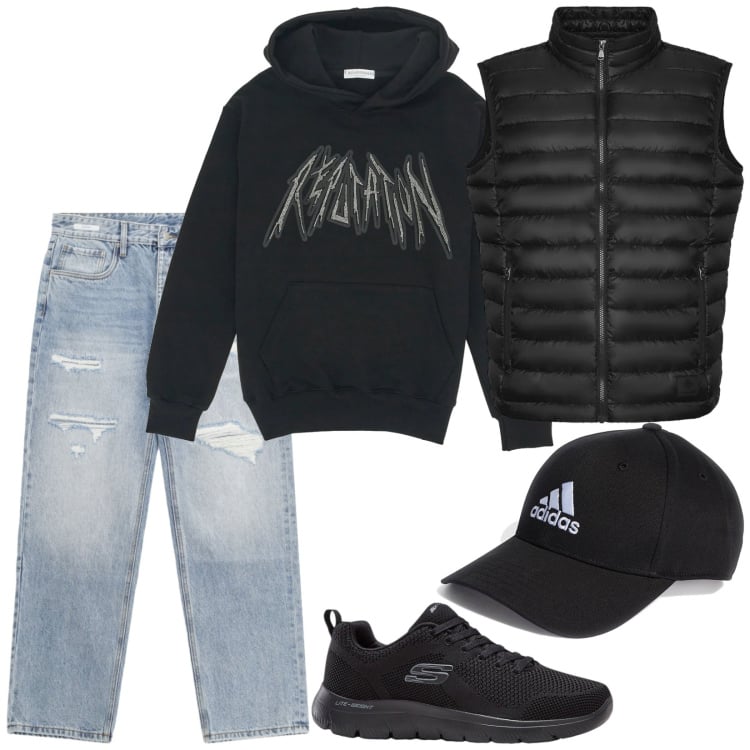 Outfit uomo - Teens. Stile Urban per Tutti i giorni. Abbinamento con sneakers, jeans strappati, piumini, felpe con cappuccio, cappelli con visiera.