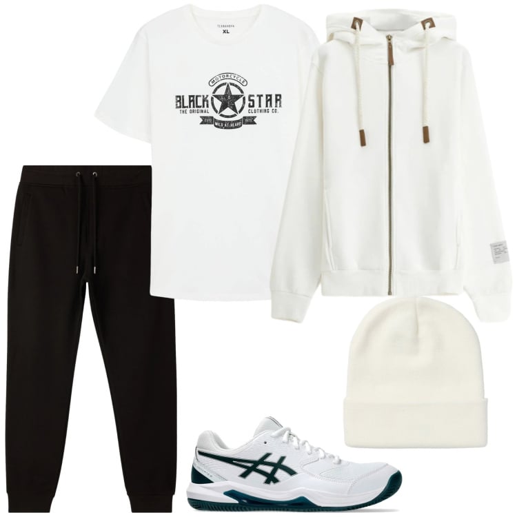 Outfit uomo - Black and White. Stile Casual per Sport. Abbinamento con felpe con cappuccio, t-shirt, sneakers, pantaloni, berretti.