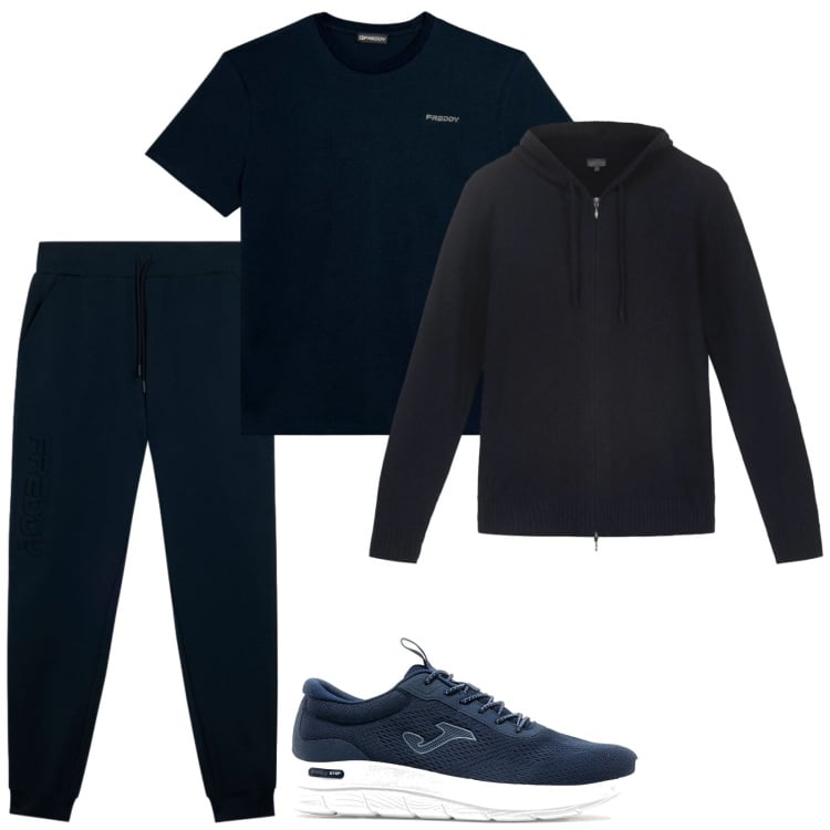 Outfit uomo - Dark Blue. Stile Casual per Sport. Abbinamento con t-shirt, pantaloni, felpe con cappuccio, sneakers.