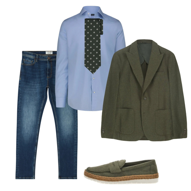 Outfit uomo - Primavera. Stile Casual per Tutti i giorni. Abbinamento con jeans skinny, scarpe stringate, camicie, giacche, cravatte.