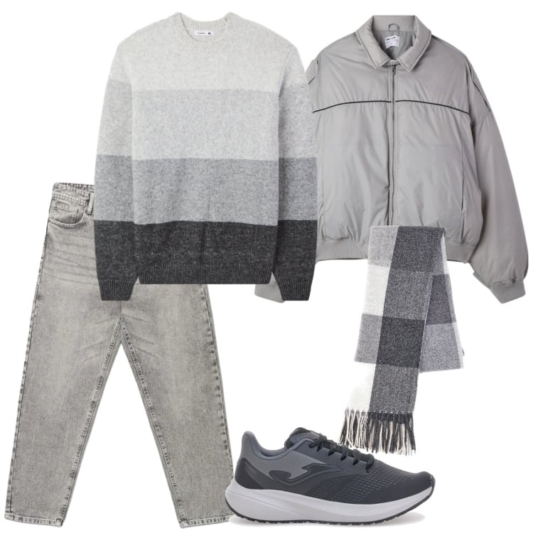 Outfit uomo - Declinazioni di grigio. Stile Casual per Tutti i giorni. Abbinamento con sneakers, maglieria, sciarpe, jeans, bomber.